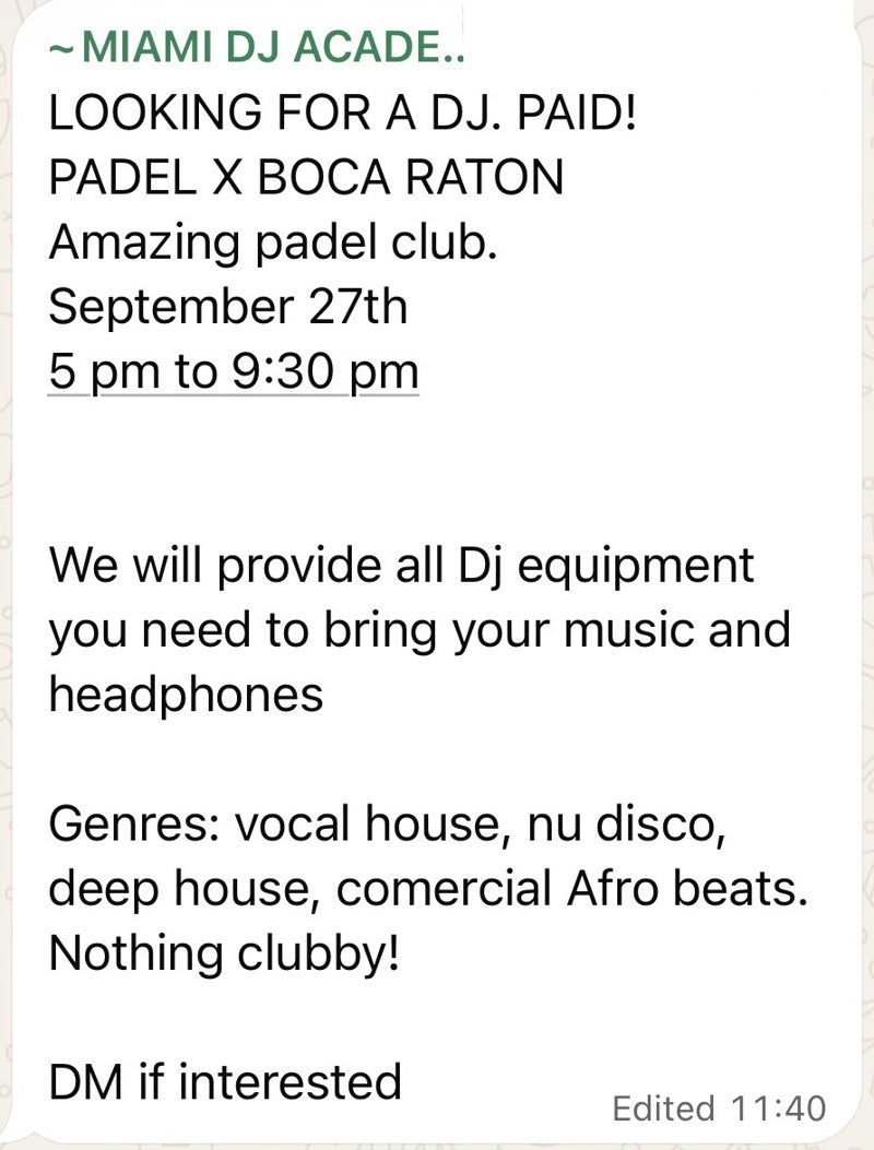 A paid DJ gig shared in the MDA chat